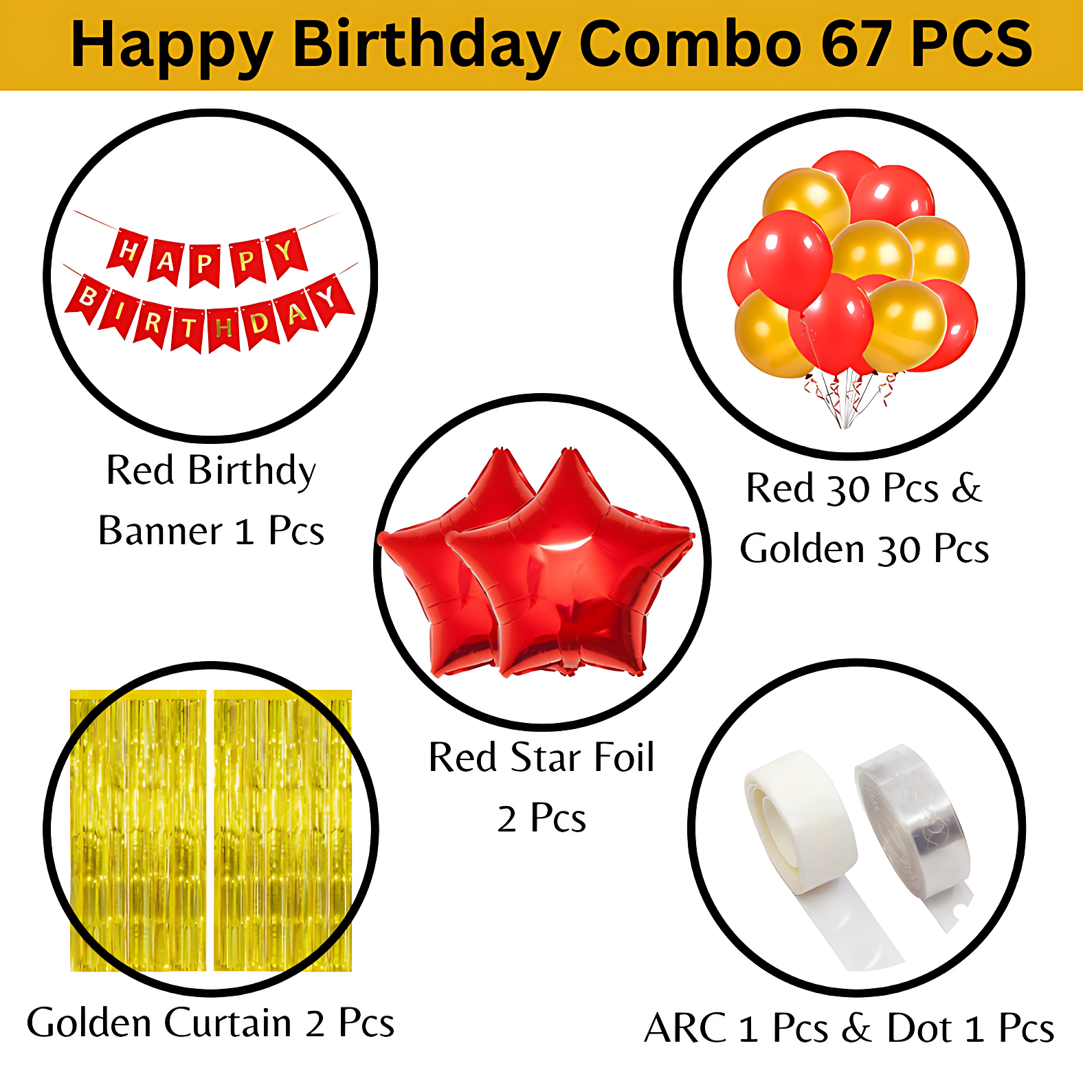 Birthday Package: Banners, Backdrop Curtains, Metallic & Star Balloons, Balloon Arch - Glue Dot Tape Decor (67 Pieces)