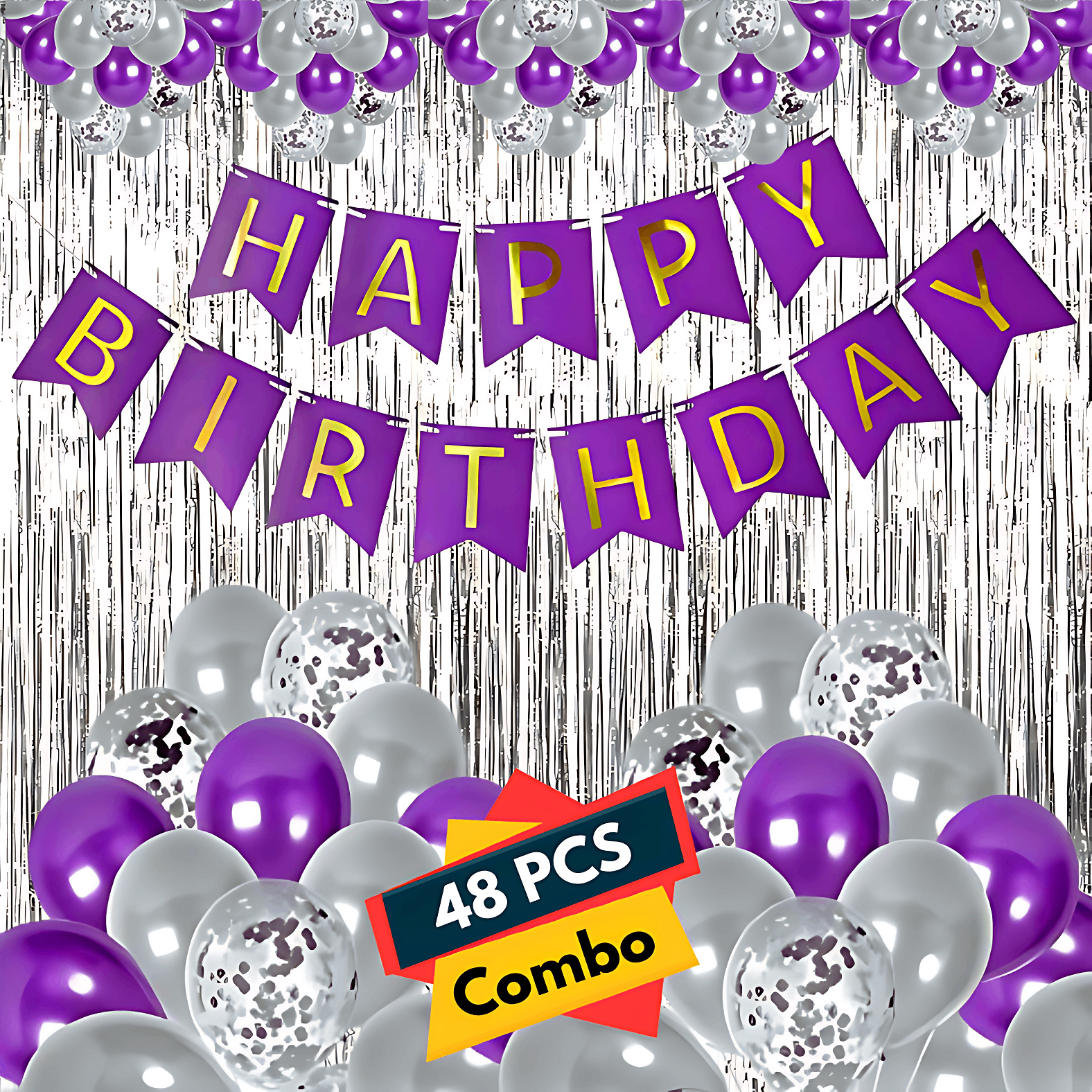 Purple Party Paradise: Birthday Banners, Silver Foil Curtains, Metallic Balloons, Blue Confetti, Balloon Garland Arch - (Pack of 48 Pcs)