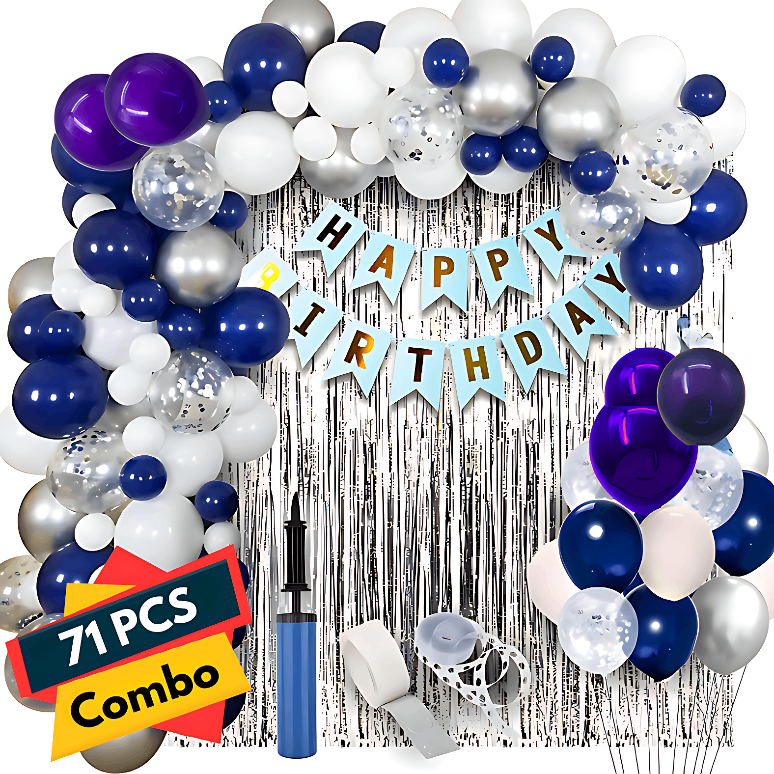 Birthday Decoration Blue Combo: Birthday Banners, Backdrop Curtains, Metallic Balloons, Confetti Balloons, Pumper, Balloon Arch - Comprehensive Party Package (71 Pieces)