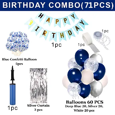 Birthday Decoration Blue Combo: Birthday Banners, Backdrop Curtains, Metallic Balloons, Confetti Balloons, Pumper, Balloon Arch - Comprehensive Party Package (71 Pieces)