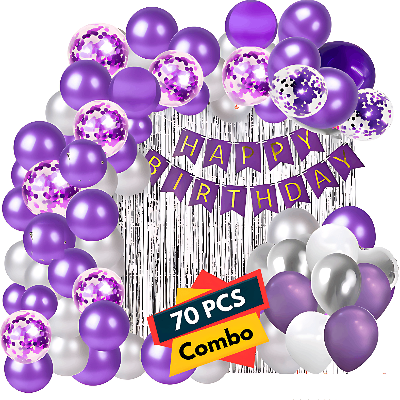 Purple Birthday Decor: Banners, Curtains, Balloons, Confetti Balloons, and Balloon Arch - Complete Party Package (70 Pieces)