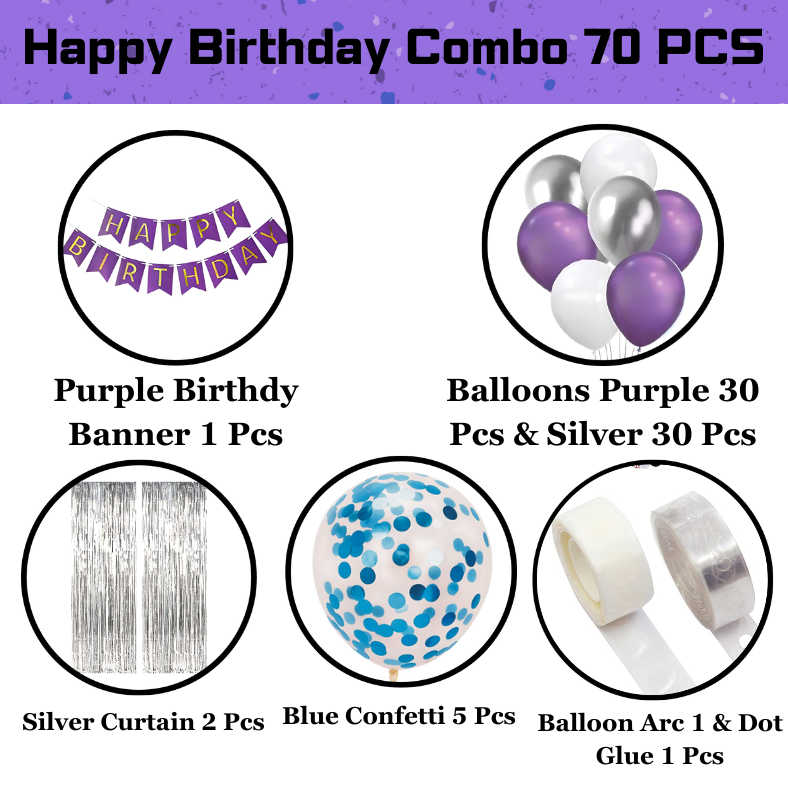 Purple Birthday Decor: Banners, Curtains, Balloons, Confetti Balloons, and Balloon Arch - Complete Party Package (70 Pieces)