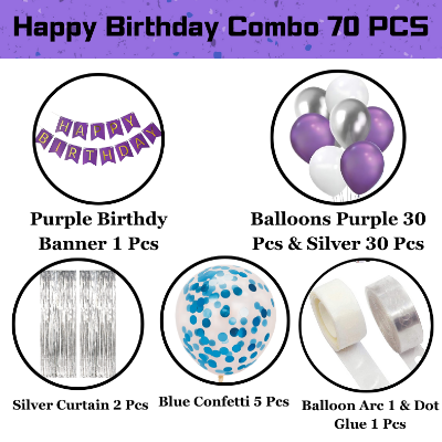 Purple Birthday Decor: Banners, Curtains, Balloons, Confetti Balloons, and Balloon Arch - Complete Party Package (70 Pieces)