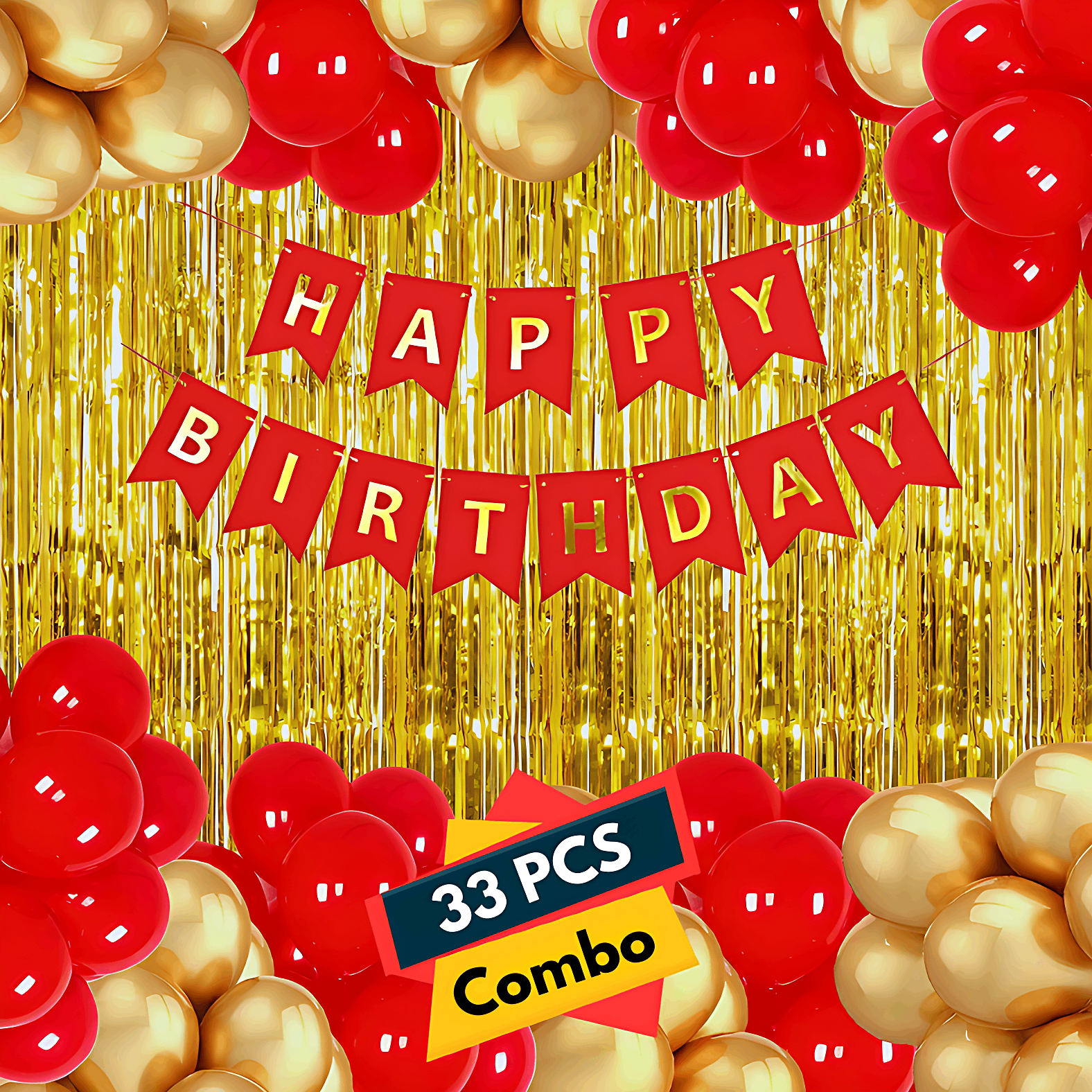 Festive Red Birthday Party Pack: Red Banners, Golden Foil Curtains, Red & Gold Metallic Balloon Decor - Complete Set (33 Pcs)