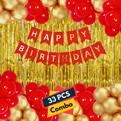 Festive Red Birthday Party Pack: Red Banners, Golden Foil Curtains, Red & Gold Metallic Balloon Decor - Complete Set (33 Pcs)