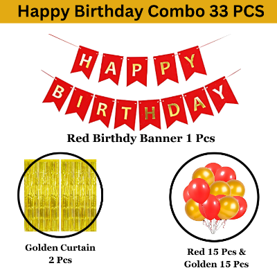 Festive Red Birthday Party Pack: Red Banners, Golden Foil Curtains, Red & Gold Metallic Balloon Decor - Complete Set (33 Pcs)