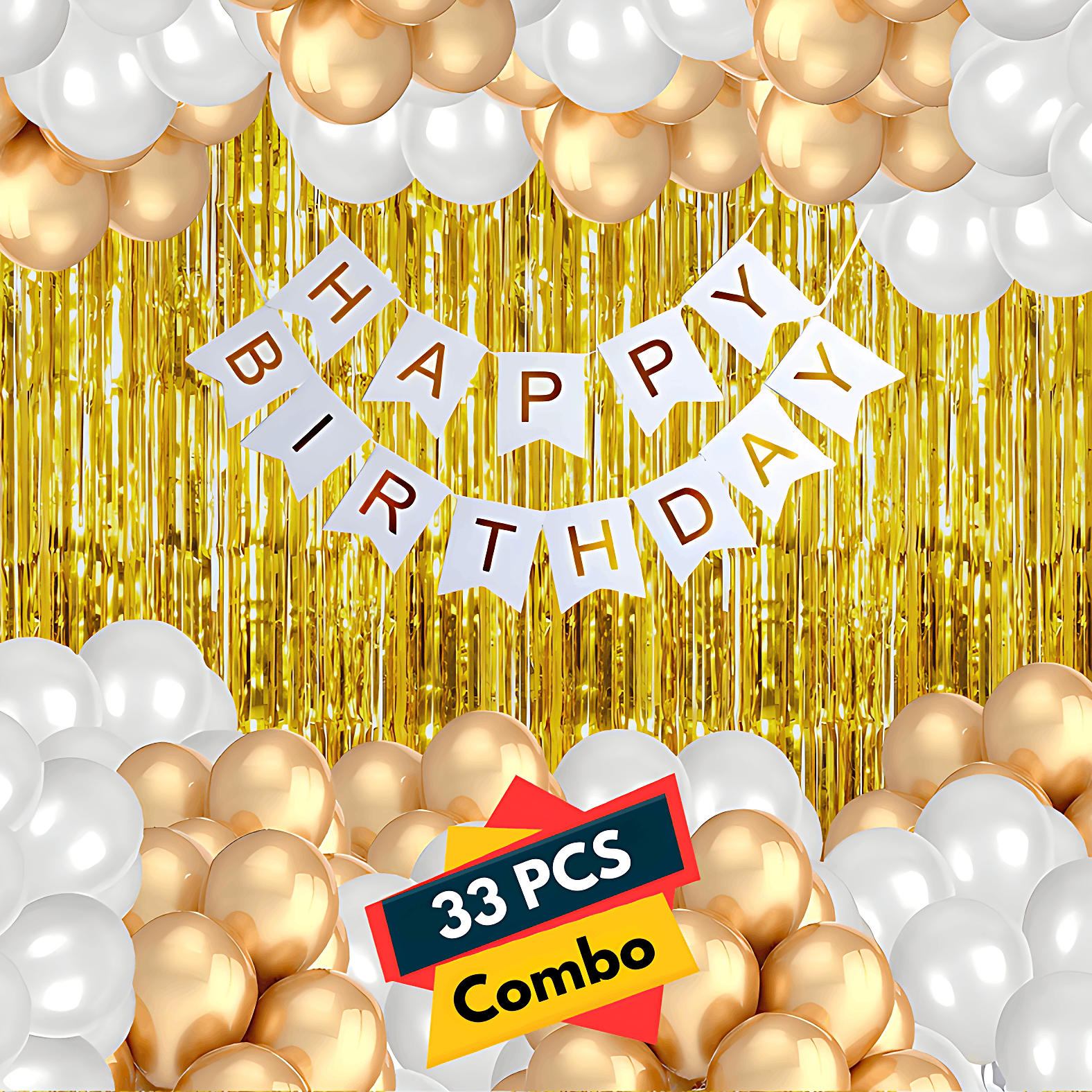 Classic White & Gold Birthday Celebration: White Banners, Golden Foil Curtains, Golden & White Metallic Balloon Decor - Full Set (33 Pcs)