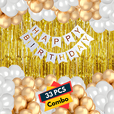 Classic White & Gold Birthday Celebration: White Banners, Golden Foil Curtains, Golden & White Metallic Balloon Decor - Full Set (33 Pcs)