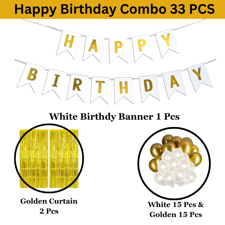 Classic White & Gold Birthday Celebration: White Banners, Golden Foil Curtains, Golden & White Metallic Balloon Decor - Full Set (33 Pcs)