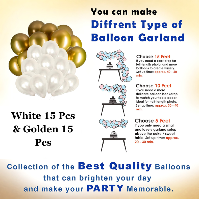 Classic White & Gold Birthday Celebration: White Banners, Golden Foil Curtains, Golden & White Metallic Balloon Decor - Full Set (33 Pcs)