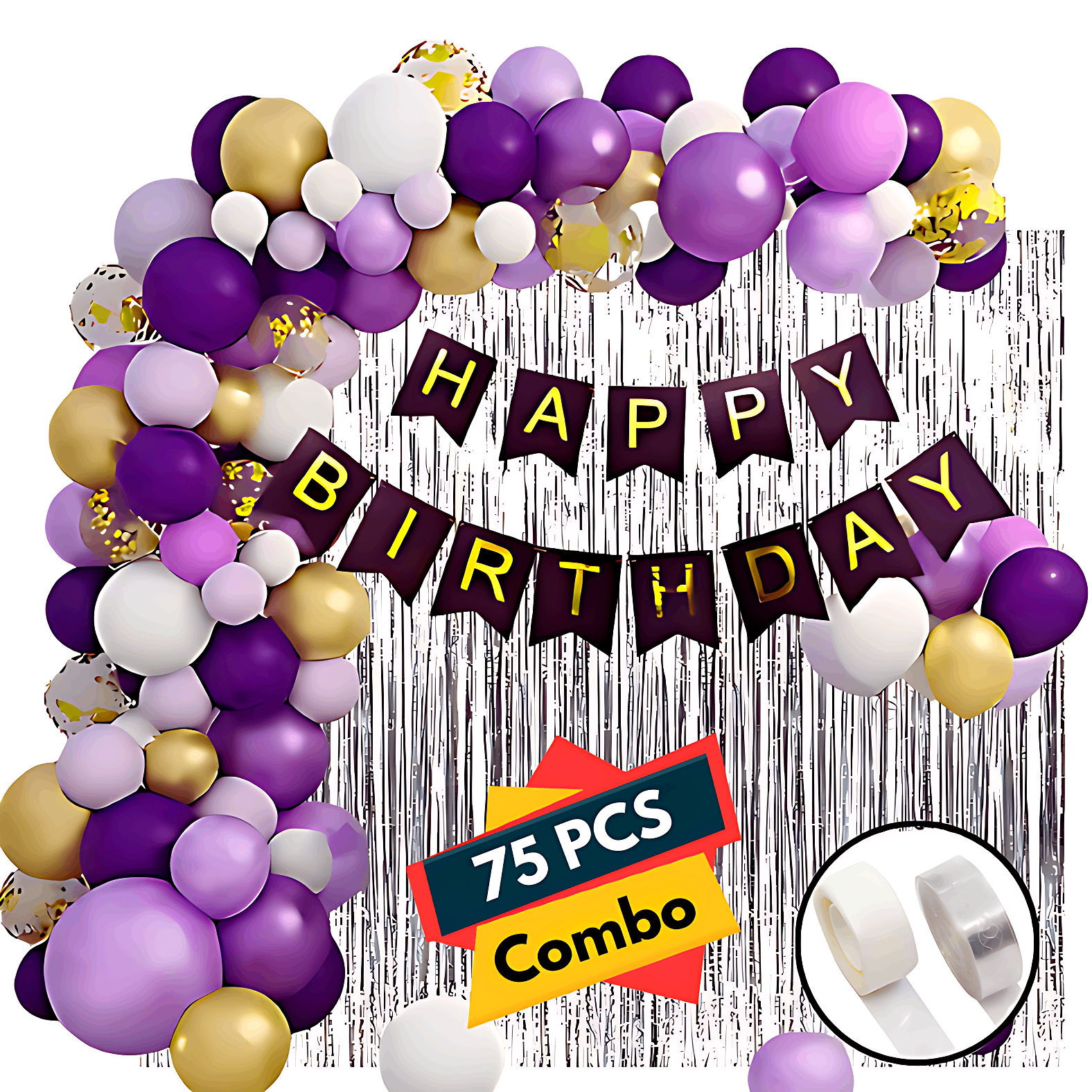 Birthday Decoration Combo Pack: Banners, Curtains, Metallic & Confetti Balloons, Balloon Garland Arch - Complete Decor Set (75 Pcs)