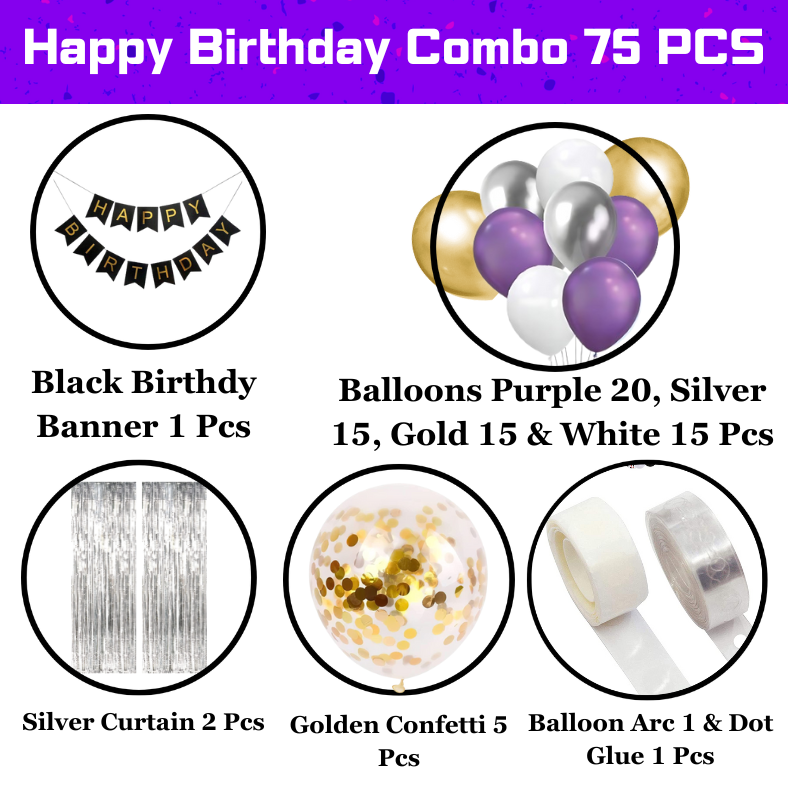Birthday Decoration Combo Pack: Banners, Curtains, Metallic & Confetti Balloons, Balloon Garland Arch - Complete Decor Set (75 Pcs)