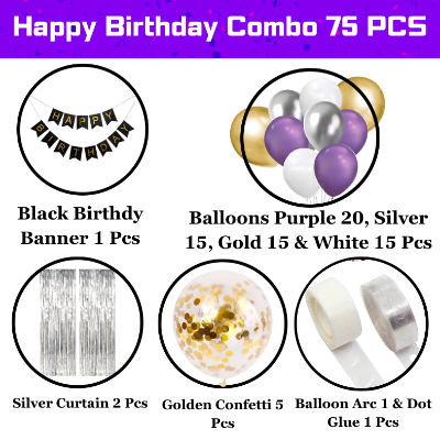 Birthday Decoration Combo Pack: Banners, Curtains, Metallic & Confetti Balloons, Balloon Garland Arch - Complete Decor Set (75 Pcs)
