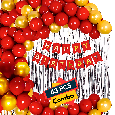 Birthday Red Theme Bundle: Red Banners, Silver Foil Curtains, Golden & Red Metallic Balloons - Complete Set (43 Pcs)