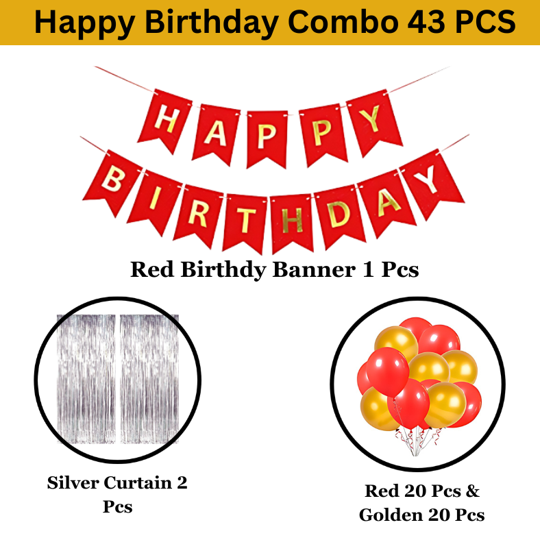 Birthday Red Theme Bundle: Red Banners, Silver Foil Curtains, Golden & Red Metallic Balloons - Complete Set (43 Pcs)