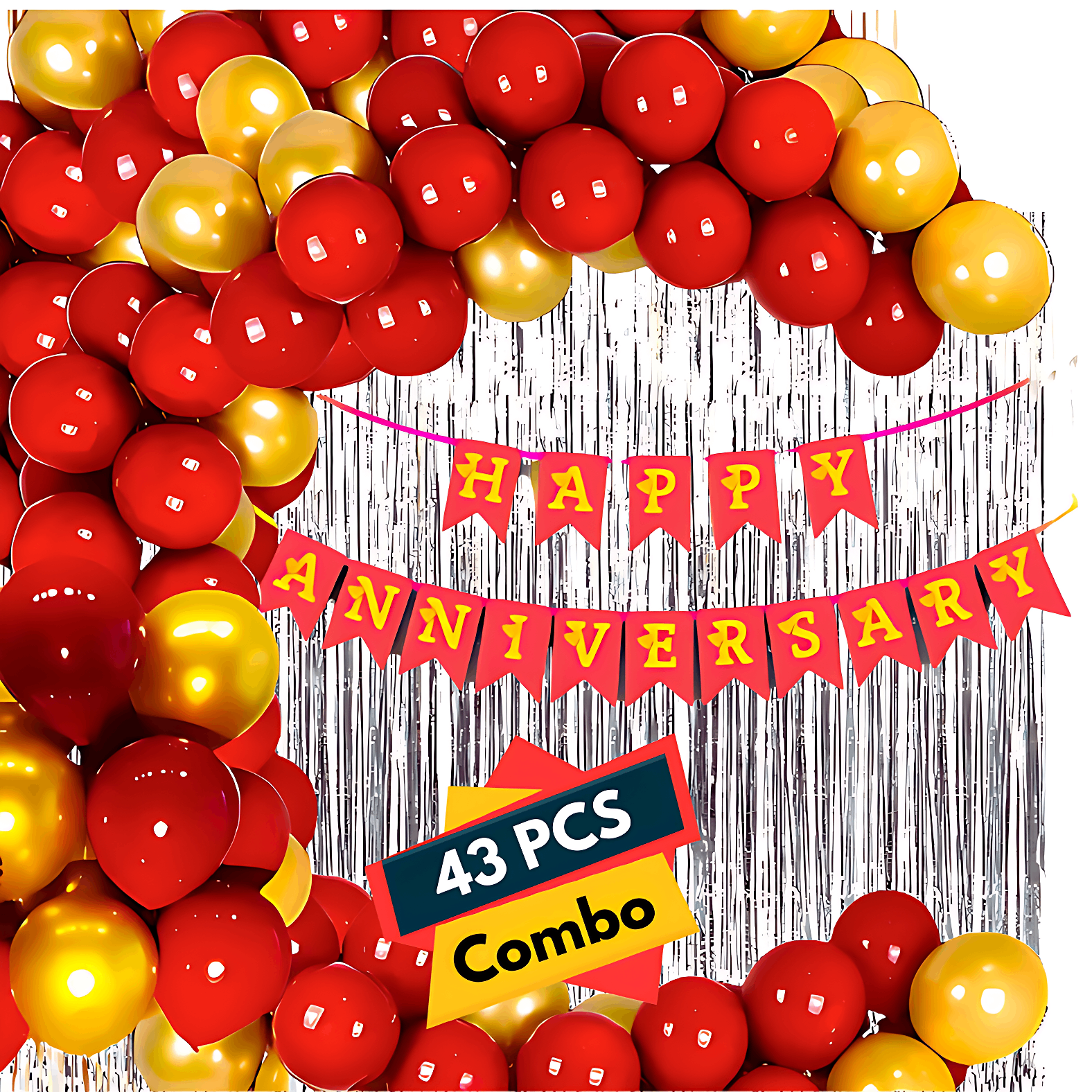 Golden & Red Anniversary Decor Pack: Banners, Silver Foil Curtains, Metallic Balloons - Perfect for Celebrating Love - (Pack of 43 Pcs)