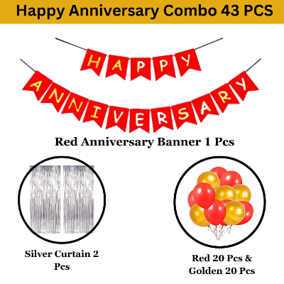 Golden & Red Anniversary Decor Pack: Banners, Silver Foil Curtains, Metallic Balloons - Perfect for Celebrating Love - (Pack of 43 Pcs)