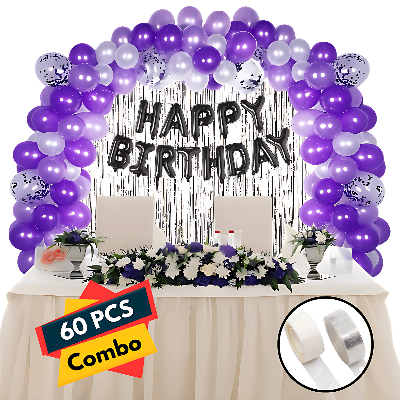 purple-birthday-pack-foil-banners-silver-curtains-metallic-balloons-confetti-balloons-glue-dot-tape-arch-complete-party-package-pack-of-60-pcs
