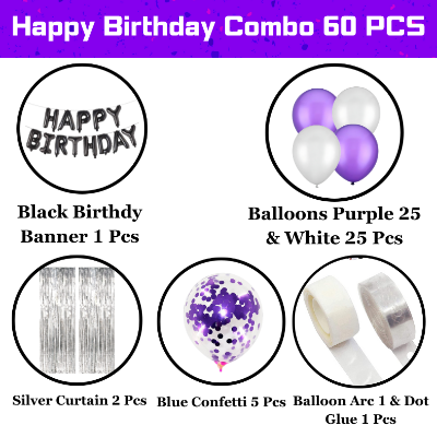 purple-birthday-pack-foil-banners-silver-curtains-metallic-balloons-confetti-balloons-glue-dot-tape-arch-complete-party-package-pack-of-60-pcs