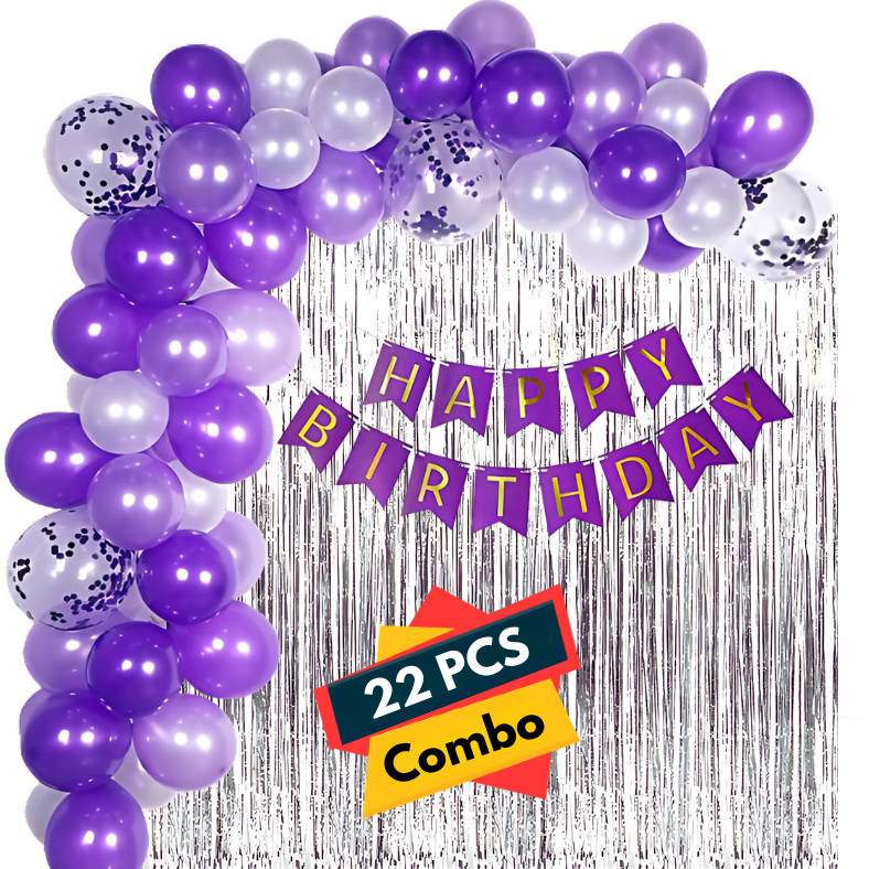 Purple Birthday Delight: Banners, Silver Curtains, Metallic Balloons - Party Decoration Kit - (Pack of 22 Pcs)