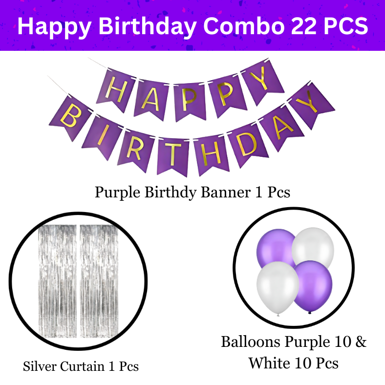 Purple Birthday Delight: Banners, Silver Curtains, Metallic Balloons - Party Decoration Kit - (Pack of 22 Pcs)