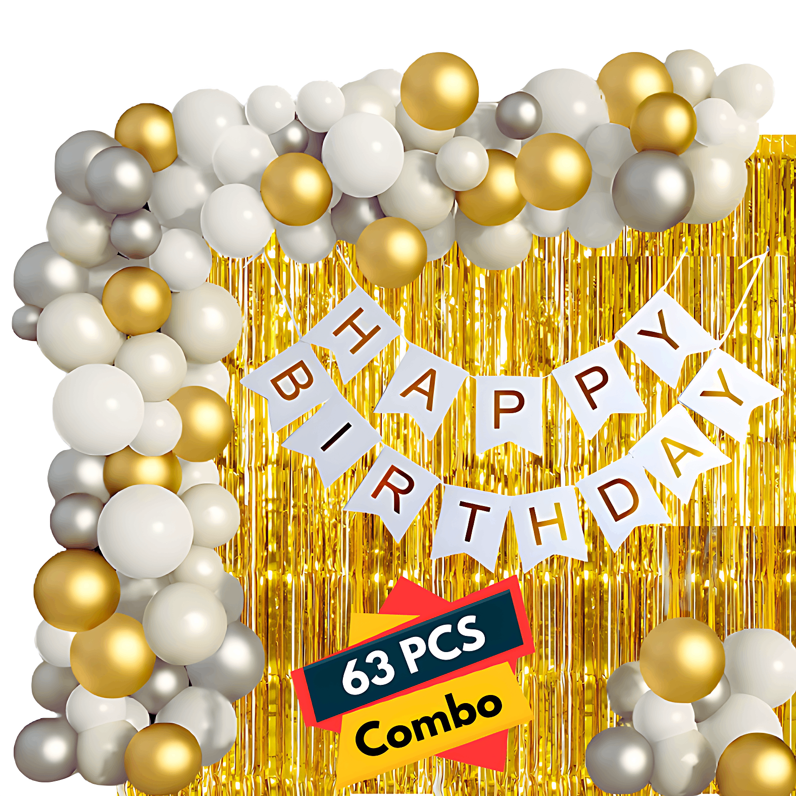 White Birthday Celebration Essentials: Birthday Banners, Golden Foil Curtains, Metallic Balloons - Party Pack - (Pack of 63 Pcs)