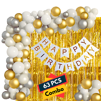 White Birthday Celebration Essentials: Birthday Banners, Golden Foil Curtains, Metallic Balloons - Party Pack - (Pack of 63 Pcs)