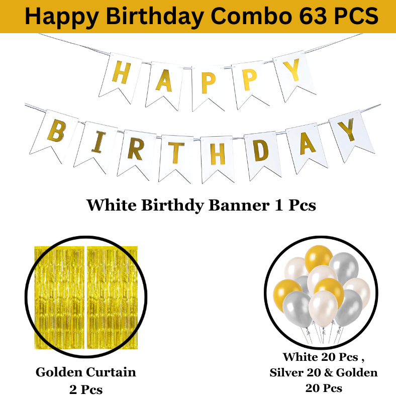 White Birthday Celebration Essentials: Birthday Banners, Golden Foil Curtains, Metallic Balloons - Party Pack - (Pack of 63 Pcs)