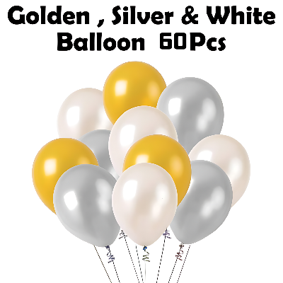 White Birthday Celebration Essentials: Birthday Banners, Golden Foil Curtains, Metallic Balloons - Party Pack - (Pack of 63 Pcs)