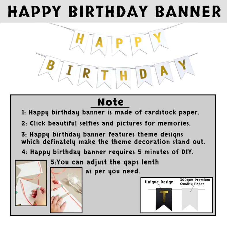 White Birthday Celebration Essentials: Birthday Banners, Golden Foil Curtains, Metallic Balloons - Party Pack - (Pack of 63 Pcs)