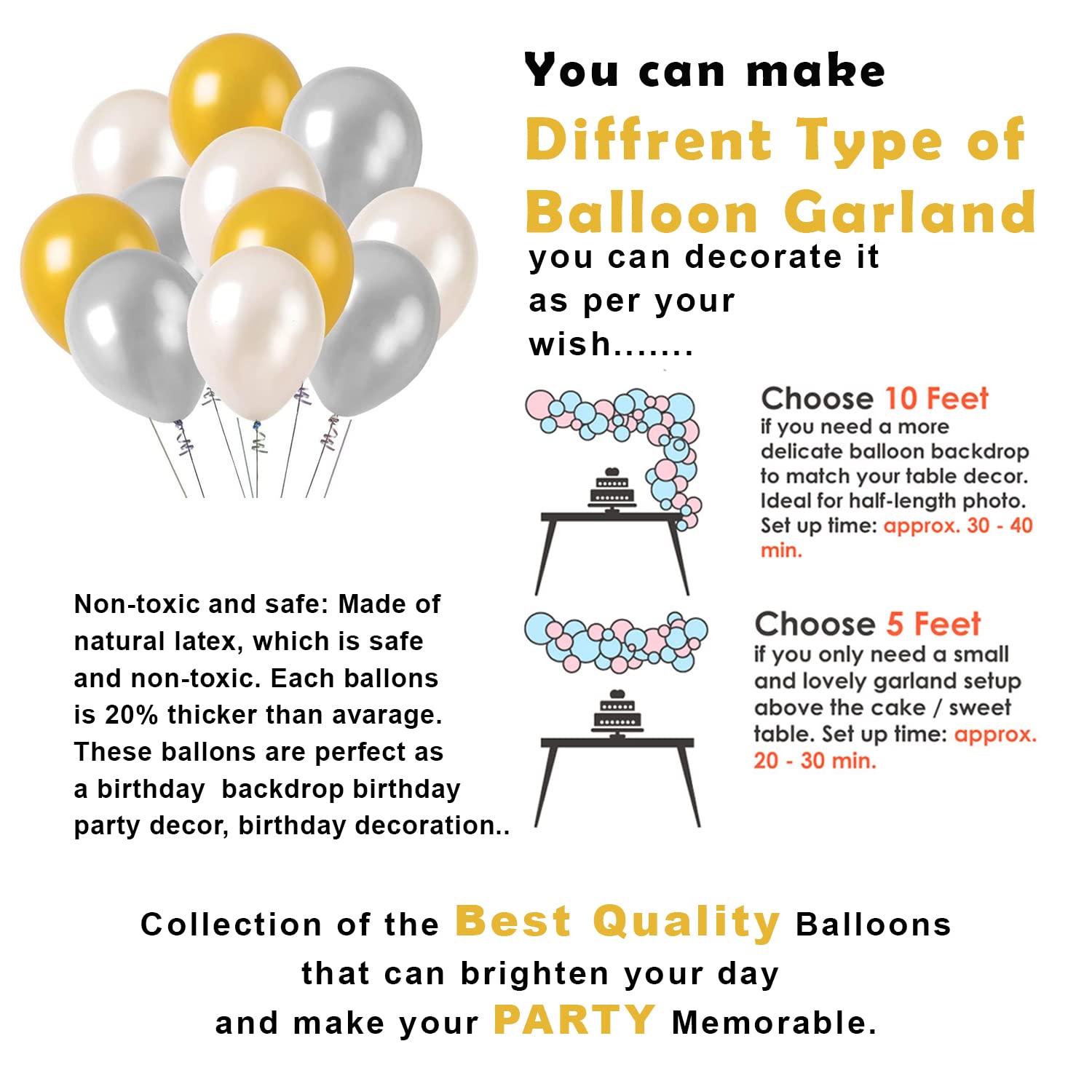 White Birthday Celebration Essentials: Birthday Banners, Golden Foil Curtains, Metallic Balloons - Party Pack - (Pack of 63 Pcs)