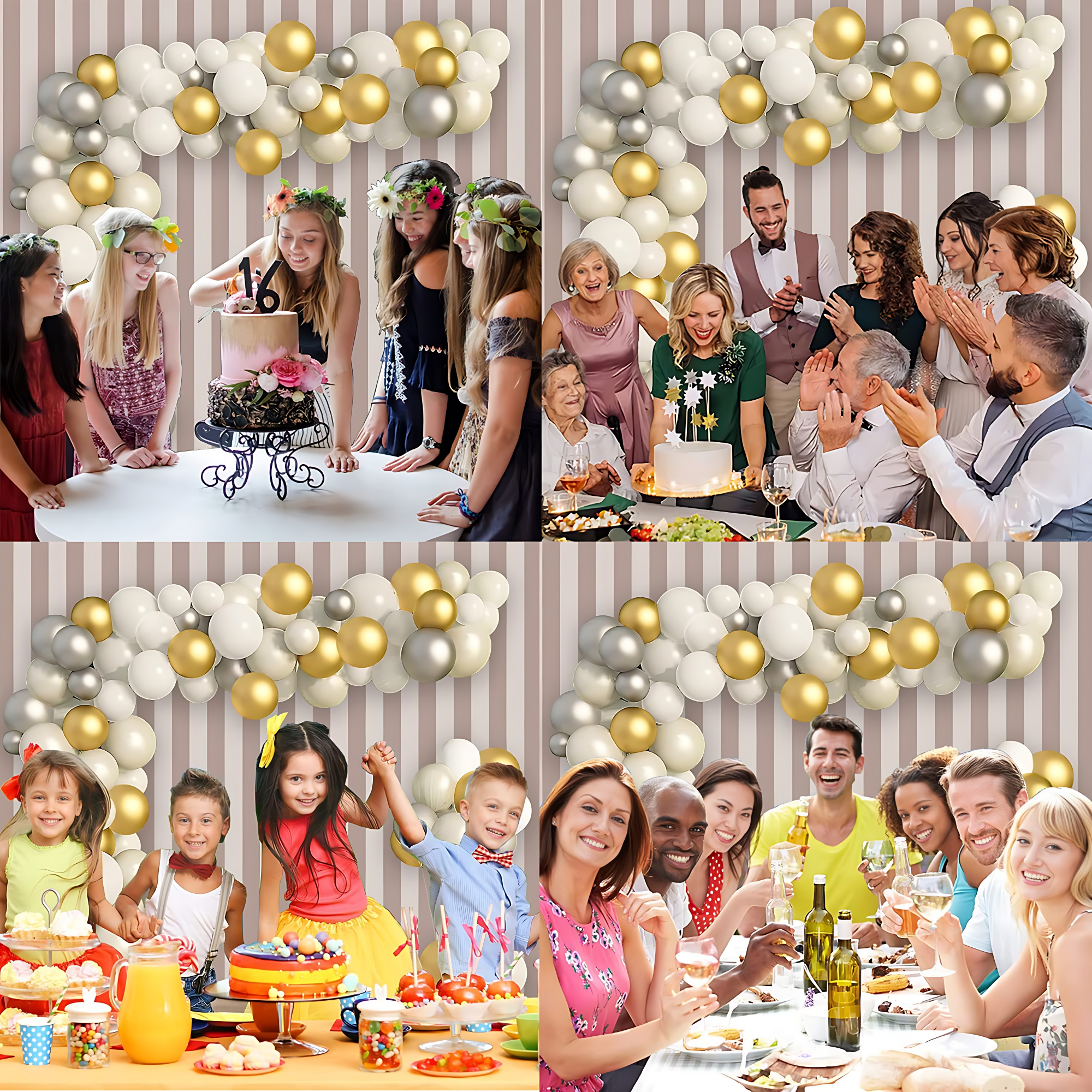 White Birthday Celebration Essentials: Birthday Banners, Golden Foil Curtains, Metallic Balloons - Party Pack - (Pack of 63 Pcs)