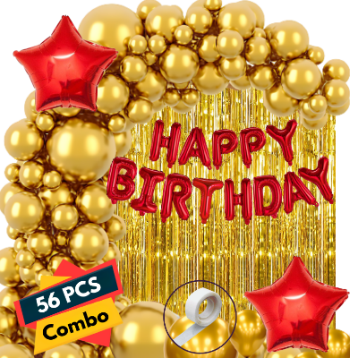 Deluxe Red and Gold Celebration Kit: Foil Banners, Curtains, Metallic Balloons, Star Foil - Ultimate Party Décor! - (Pack of 56 Pcs)