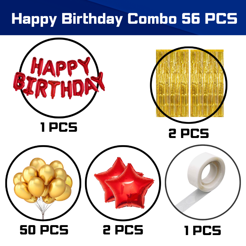 Deluxe Red and Gold Celebration Kit: Foil Banners, Curtains, Metallic Balloons, Star Foil - Ultimate Party Décor! - (Pack of 56 Pcs)