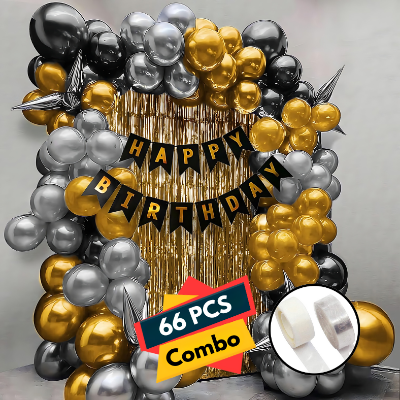 Deluxe Birthday Celebration Kit: Banners, Curtains, Metallic Balloons, Pumper, Arch with Glue Dot Tape - Ultimate Decor - (Pack of 66 Pcs)