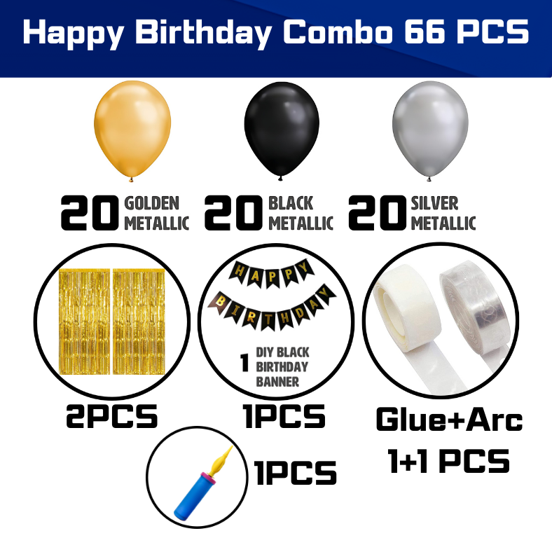 Deluxe Birthday Celebration Kit: Banners, Curtains, Metallic Balloons, Pumper, Arch with Glue Dot Tape - Ultimate Decor - (Pack of 66 Pcs)