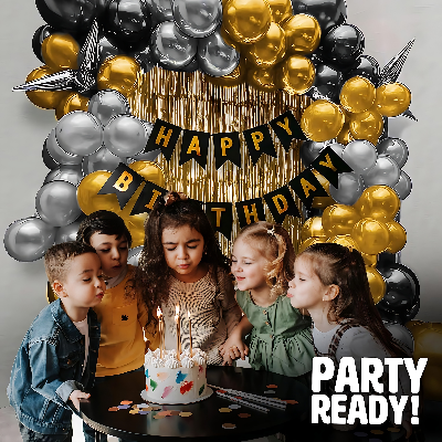 Deluxe Birthday Celebration Kit: Banners, Curtains, Metallic Balloons, Pumper, Arch with Glue Dot Tape - Ultimate Decor - (Pack of 66 Pcs)
