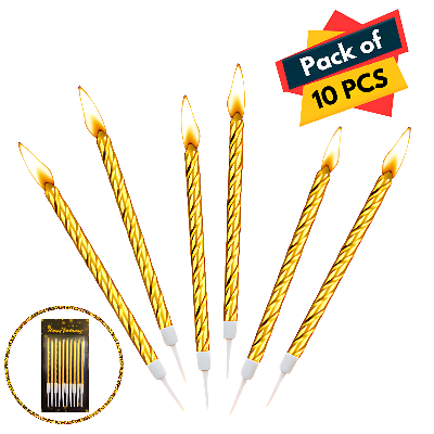 Golden Spiral Long Stick Metallic Candles for Birthday and Wedding Cake Decoration - (Pack of 10 Pcs)