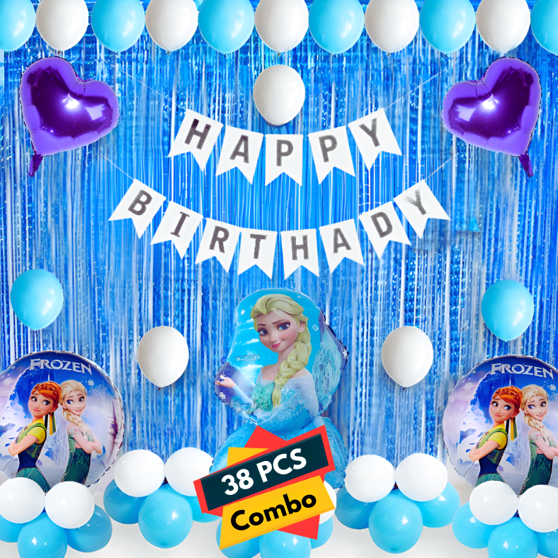 Frozen Theme Birthday Decoration Combo Pack – Featuring White Card Birthday Banner, Blue Foil Backdrop Curtain, Metallic Balloons Blue & White - (Pack of 38 Pcs)