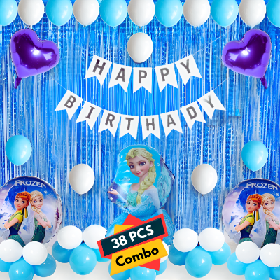 Frozen Theme Birthday Decoration Combo Pack – Featuring White Card Birthday Banner, Blue Foil Backdrop Curtain, Metallic Balloons Blue & White - (Pack of 38 Pcs)