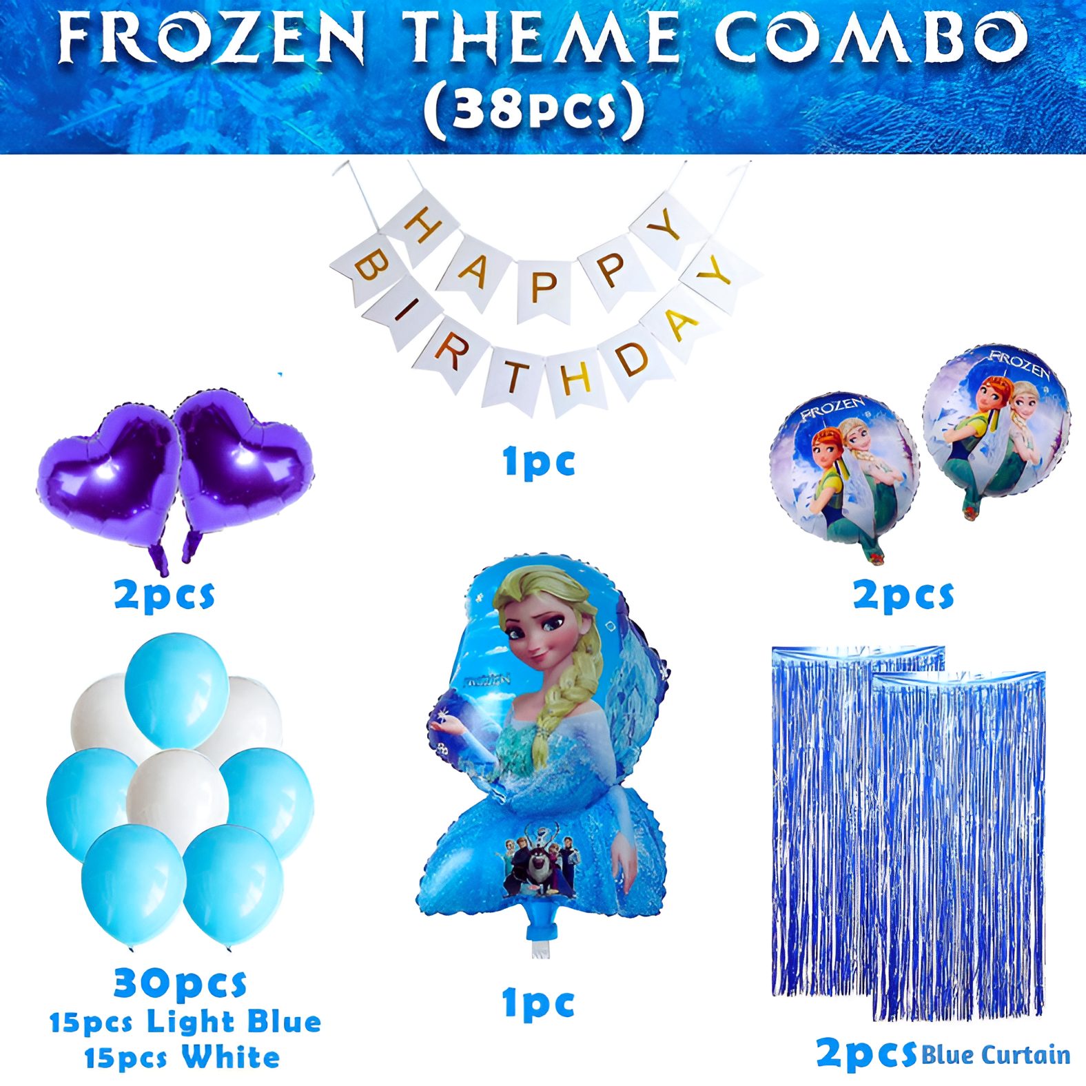Frozen Theme Birthday Decoration Combo Pack – Featuring White Card Birthday Banner, Blue Foil Backdrop Curtain, Metallic Balloons Blue & White - (Pack of 38 Pcs)