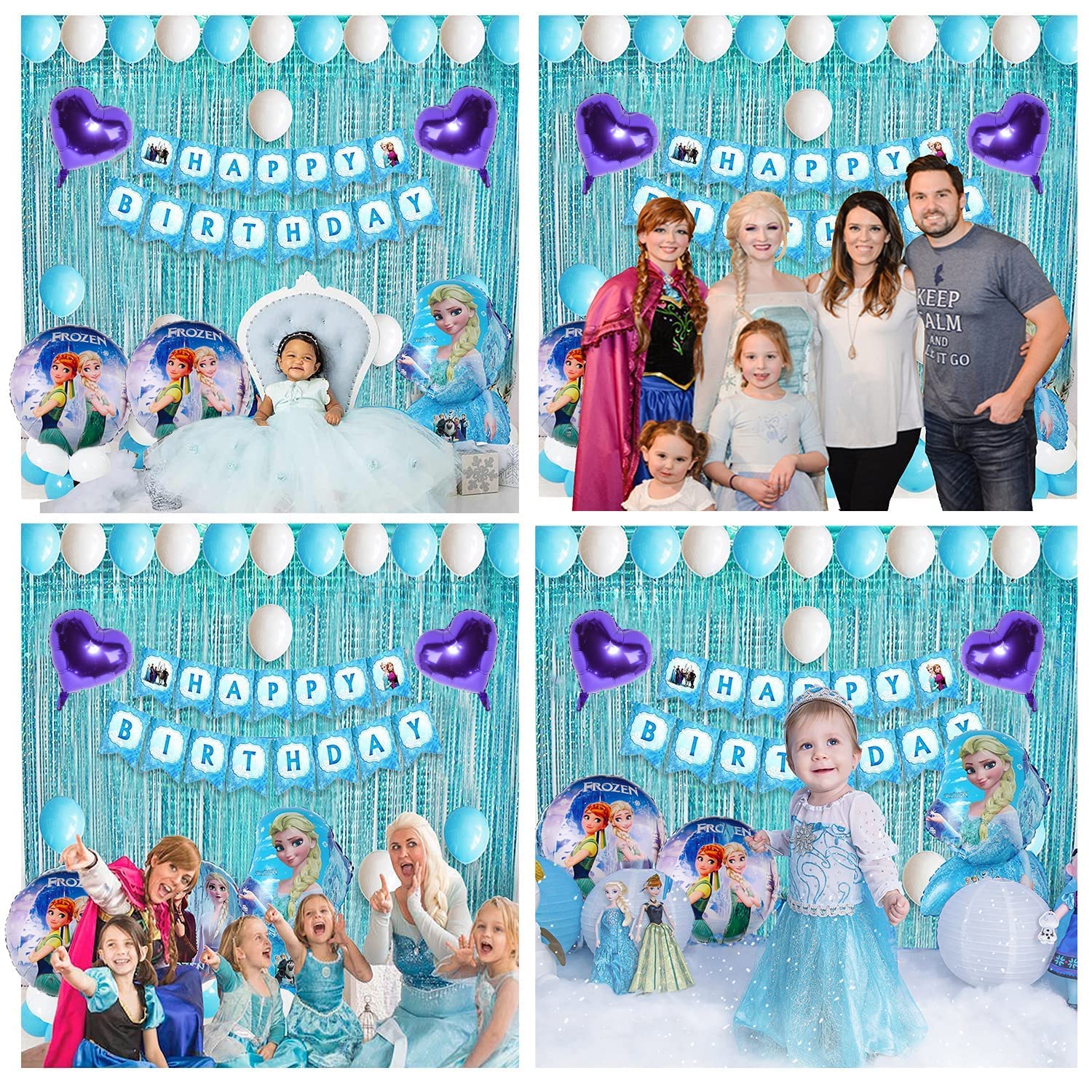 Frozen Theme Birthday Decoration Combo Pack – Featuring White Card Birthday Banner, Blue Foil Backdrop Curtain, Metallic Balloons Blue & White - (Pack of 38 Pcs)