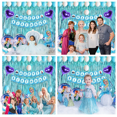 Frozen Theme Birthday Decoration Combo Pack – Featuring White Card Birthday Banner, Blue Foil Backdrop Curtain, Metallic Balloons Blue & White - (Pack of 38 Pcs)