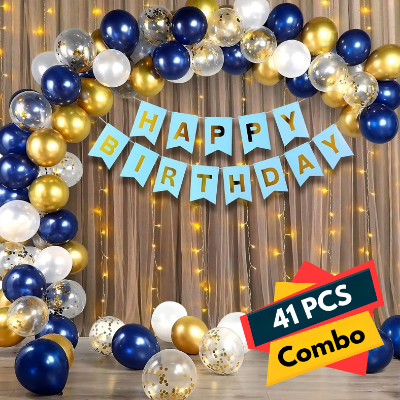 Blue Birthday Decoration Combo Pack - Featuring Birthday Banners, Net Curtain, HQ Balloons, Confetti Balloons, and Fairy Light Decorations- (Pack of 41 Pcs)