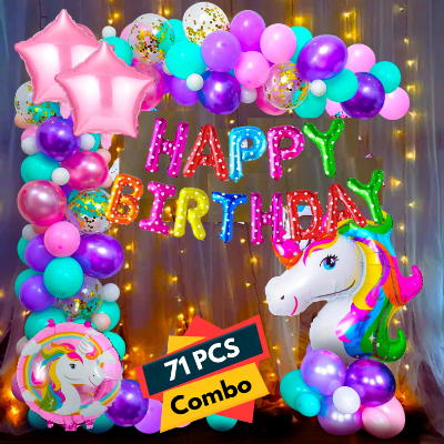 Rainbow Unicorn Birthday Decoration Combo Pack - With Multi Birthday Banner, Net Backdrop Curtain, Pastel Balloons, Fairy Light & Deco Kit - Full Package (71 Pieces)