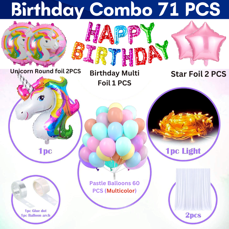 Rainbow Unicorn Birthday Decoration Combo Pack - With Multi Birthday Banner, Net Backdrop Curtain, Pastel Balloons, Fairy Light & Deco Kit - Full Package (71 Pieces)