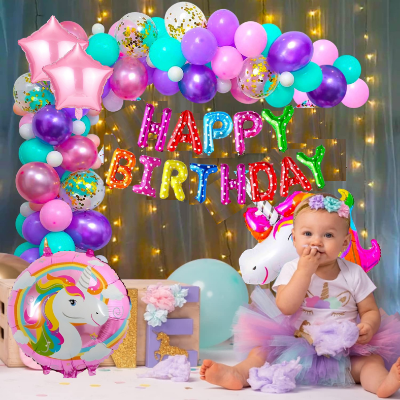 Rainbow Unicorn Birthday Decoration Combo Pack - With Multi Birthday Banner, Net Backdrop Curtain, Pastel Balloons, Fairy Light & Deco Kit - Full Package (71 Pieces)
