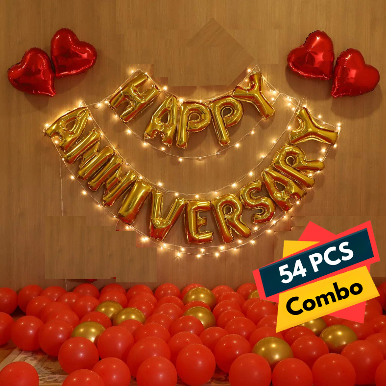 Anniversary Decoration Combo Full Set - With Anniversary Banner, Metallic Balloons (Red & Golden), Love Foil & Fairy Light Decorations - Full Package (54 Pieces)