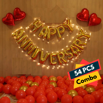 Anniversary Decoration Combo Full Set - With Anniversary Banner, Metallic Balloons (Red & Golden), Love Foil & Fairy Light Decorations - Full Package (54 Pieces)