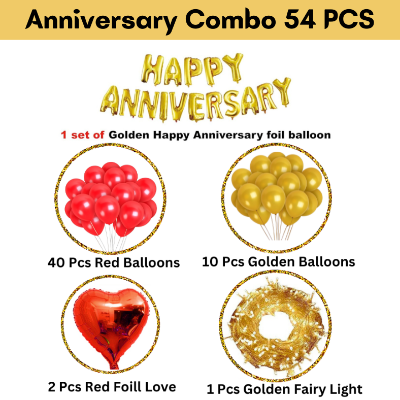 Anniversary Decoration Combo Full Set - With Anniversary Banner, Metallic Balloons (Red & Golden), Love Foil & Fairy Light Decorations - Full Package (54 Pieces)